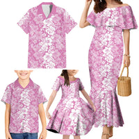 Hawaiian Lei Day Family Matching Mermaid Dress and Hawaiian Shirt Pink Hibiscus Flowers Lei Art LT9 - Polynesian Pride