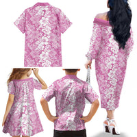 Hawaiian Lei Day Family Matching Off The Shoulder Long Sleeve Dress and Hawaiian Shirt Pink Hibiscus Flowers Lei Art