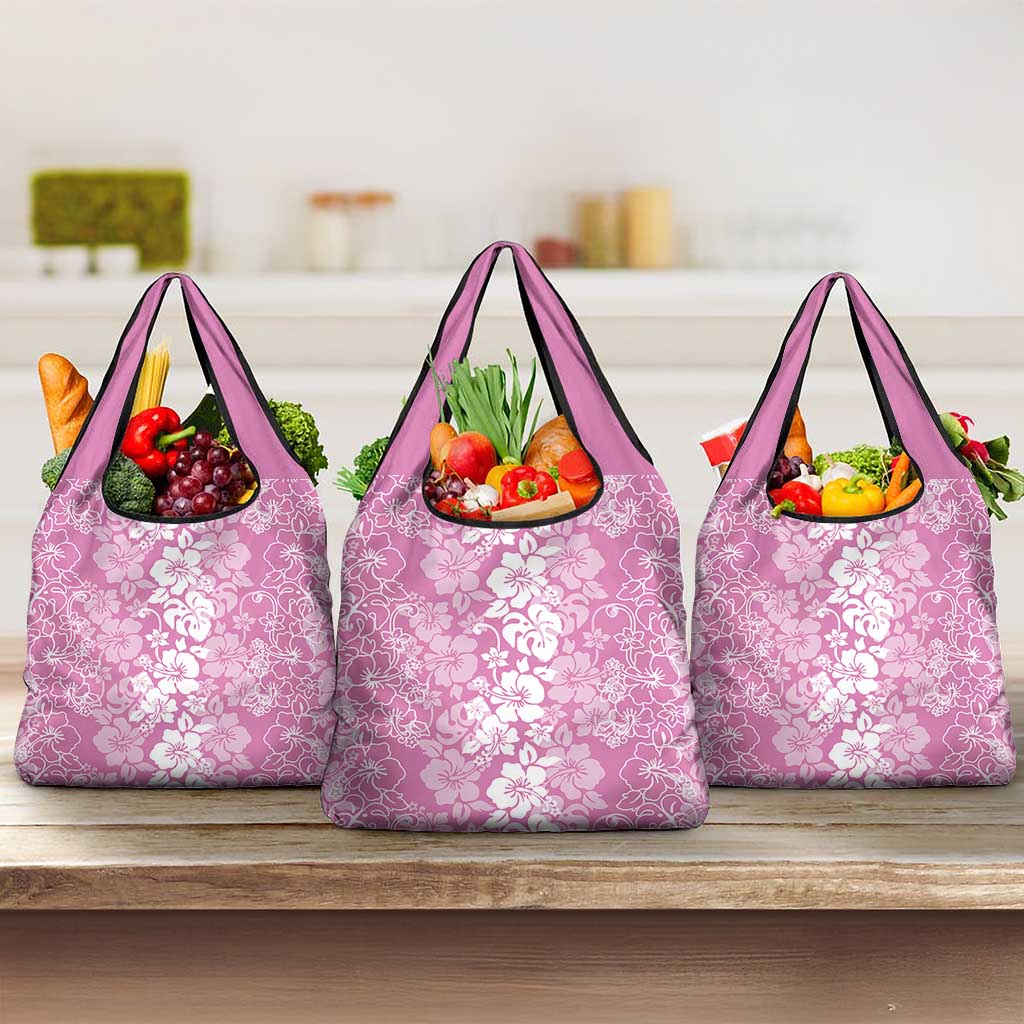 Hawaiian Lei Day Grocery Bag Pink Hibiscus Flowers Lei Art