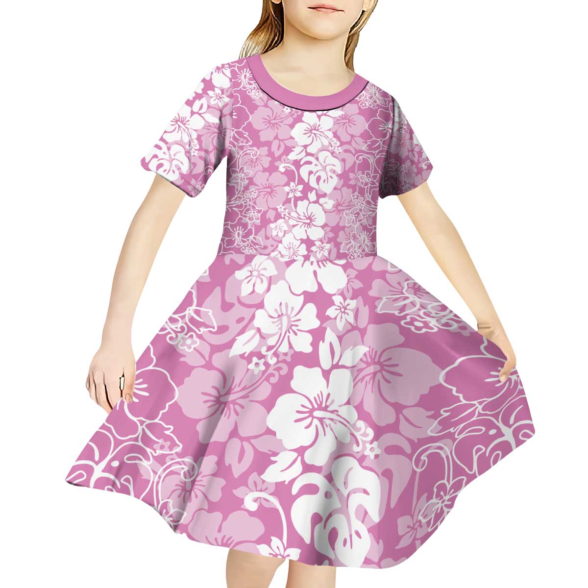 Hawaiian Lei Day Kid Short Sleeve Dress Pink Hibiscus Flowers Lei Art LT9 - Polynesian Pride