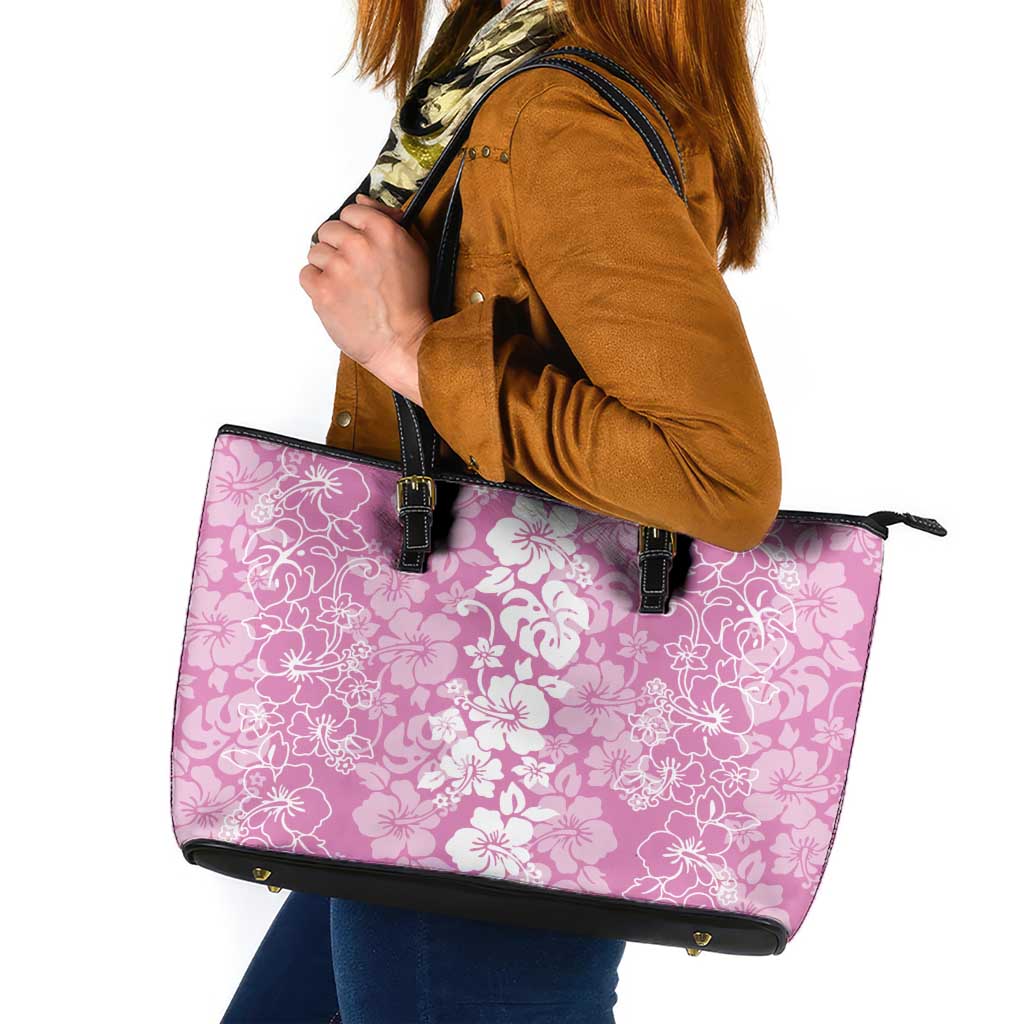 Hawaiian Lei Day Leather Tote Bag Pink Hibiscus Flowers Lei Art LT9 Pink - Polynesian Pride