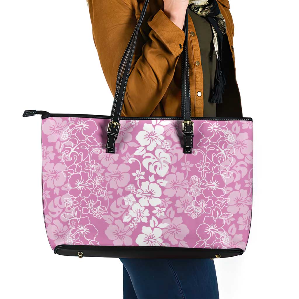 Hawaiian Lei Day Leather Tote Bag Pink Hibiscus Flowers Lei Art LT9 - Polynesian Pride