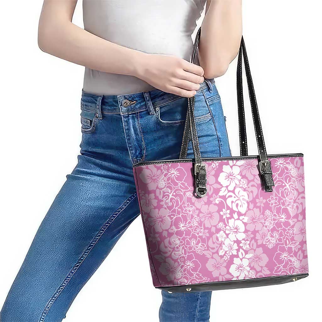 Hawaiian Lei Day Leather Tote Bag Pink Hibiscus Flowers Lei Art LT9 - Polynesian Pride