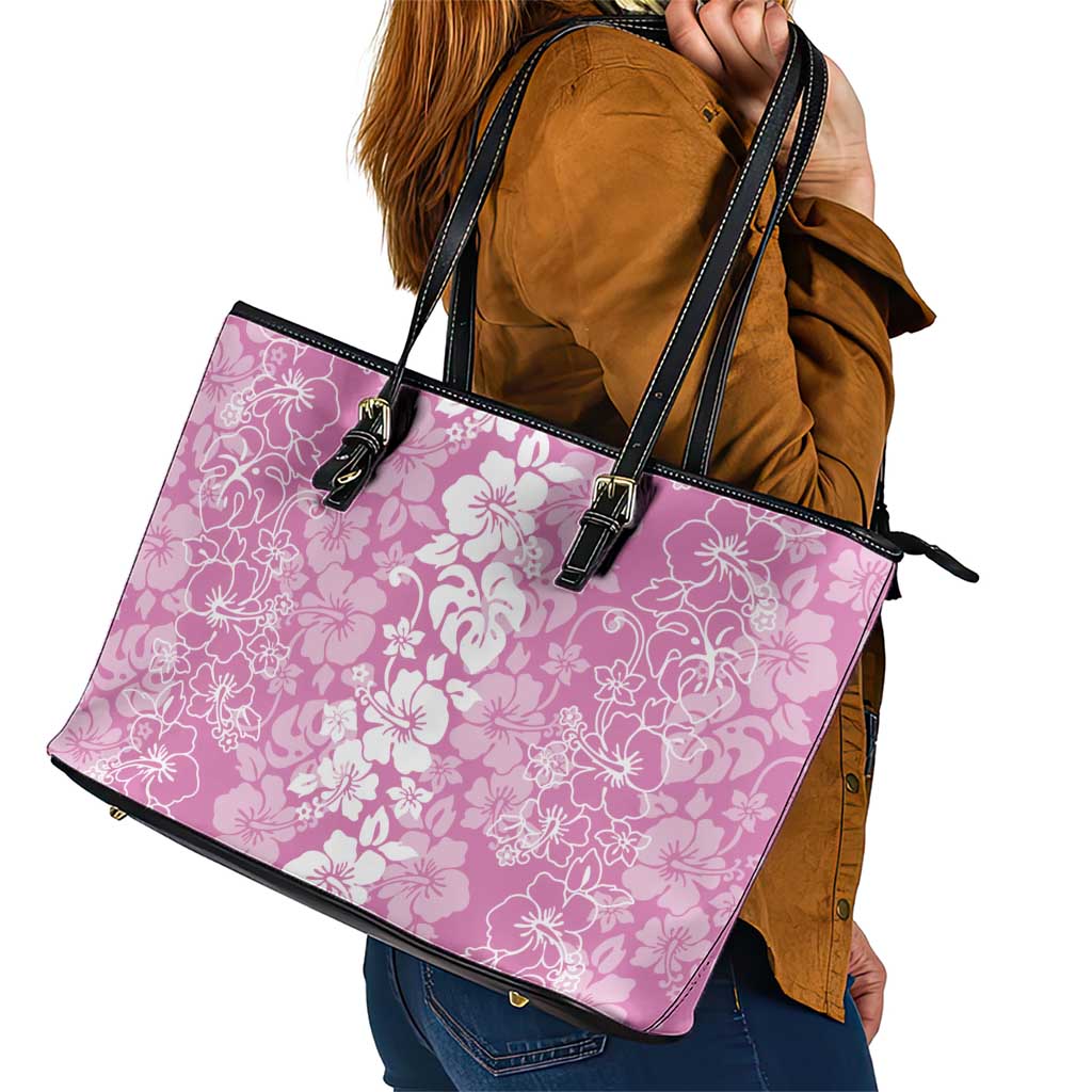 Hawaiian Lei Day Leather Tote Bag Pink Hibiscus Flowers Lei Art LT9 - Polynesian Pride
