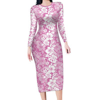 Hawaiian Lei Day Long Sleeve Bodycon Dress Pink Hibiscus Flowers Lei Art LT9 Long Dress Pink - Polynesian Pride
