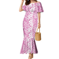 Hawaiian Lei Day Mermaid Dress Pink Hibiscus Flowers Lei Art LT9 Women Pink - Polynesian Pride