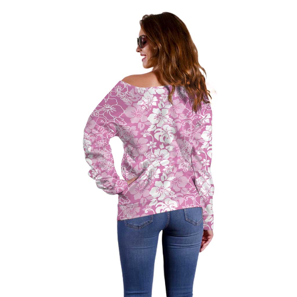 Hawaiian Lei Day Off Shoulder Sweater Pink Hibiscus Flowers Lei Art