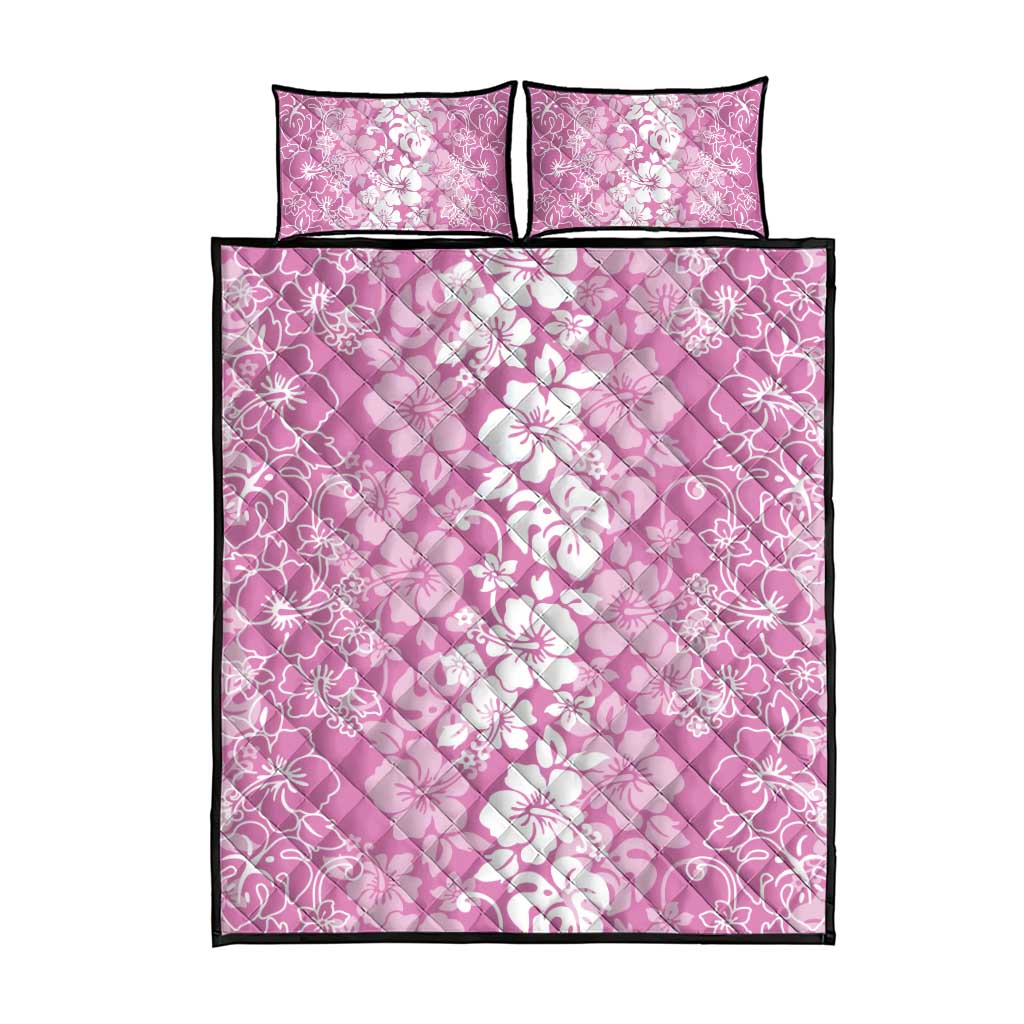Hawaiian Lei Day Quilt Bed Set Pink Hibiscus Flowers Lei Art