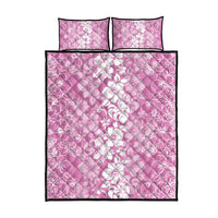 Hawaiian Lei Day Quilt Bed Set Pink Hibiscus Flowers Lei Art