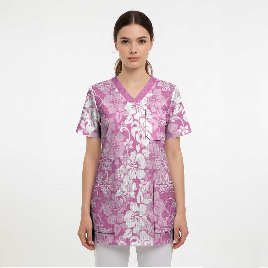 Hawaiian Lei Day Scrub Top Pink Hibiscus Flowers Lei Art - Polynesian Pride