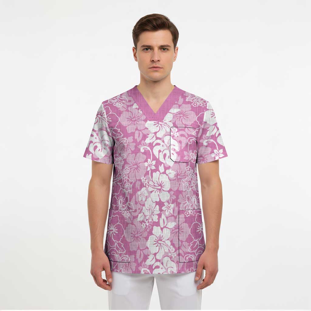 Hawaiian Lei Day Scrub Top Pink Hibiscus Flowers Lei Art - Polynesian Pride