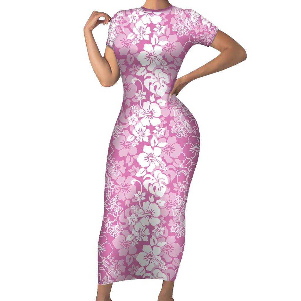 Hawaiian Lei Day Short Sleeve Bodycon Dress Pink Hibiscus Flowers Lei Art LT9 Long Dress Pink - Polynesian Pride