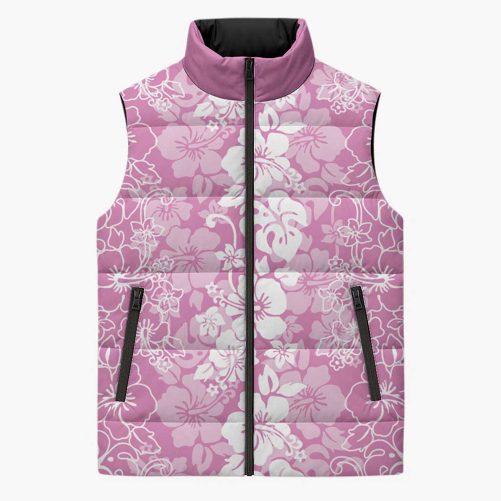 Hawaiian Lei Day Sleeveless Puffer Jacket Pink Hibiscus Flowers Lei Art LT9 Unisex Pink - Polynesian Pride