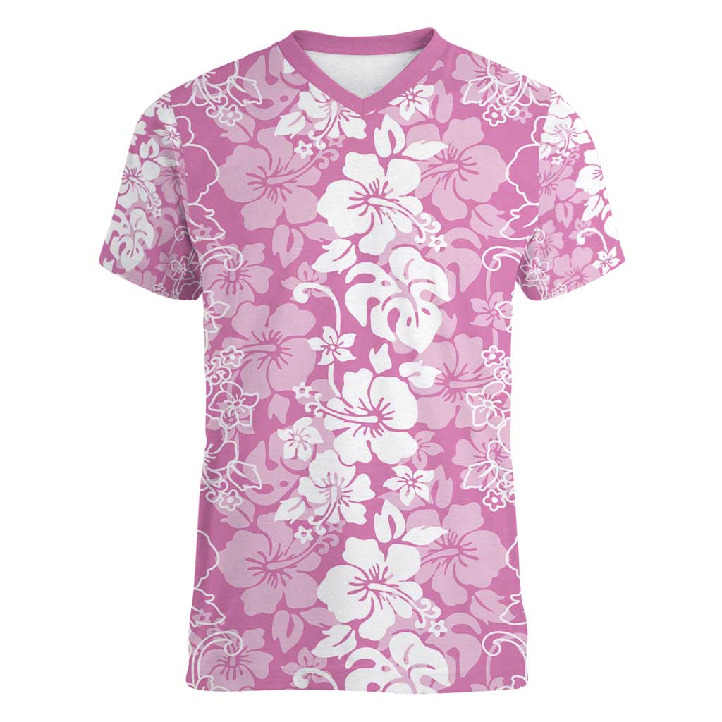 Hawaiian Lei Day Women V-Neck T-Shirt Pink Hibiscus Flowers Lei Art LT9 Female Pink - Polynesian Pride