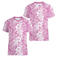 Hawaiian Lei Day Women V-Neck T-Shirt Pink Hibiscus Flowers Lei Art LT9 - Polynesian Pride