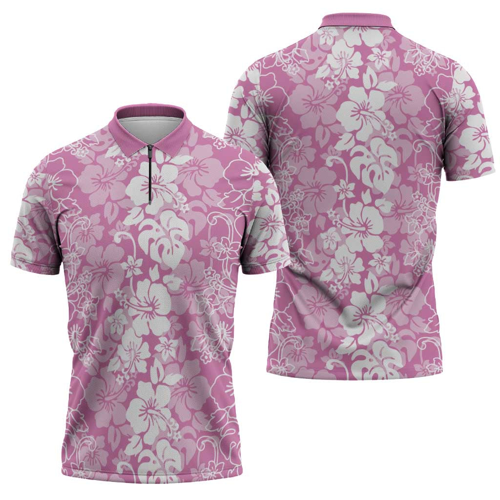 Hawaiian Lei Day Zipper Polo Shirt Pink Hibiscus Flowers Lei Art - Polynesian Pride