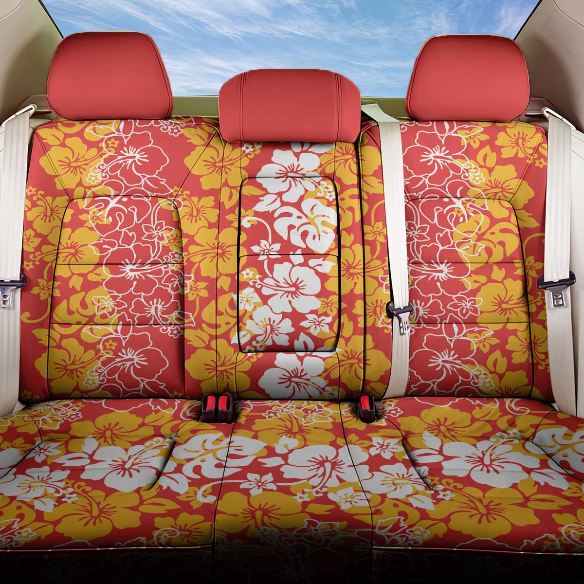 Hawaiian Lei Day Back Car Seat Cover Red Hibiscus Flowers Lei Art