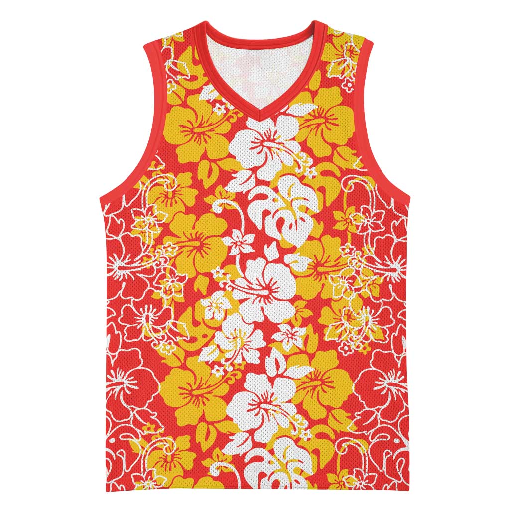 Hawaiian Lei Day Basketball Jersey Red Hibiscus Flowers Lei Art LT9 Unisex Red - Polynesian Pride