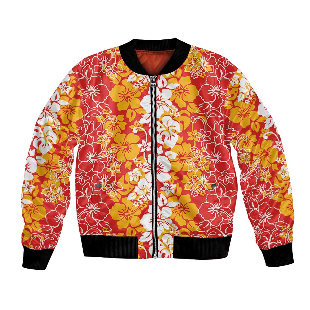Hawaiian Lei Day Bomber Jacket Red Hibiscus Flowers Lei Art LT9 Unisex Red - Polynesian Pride
