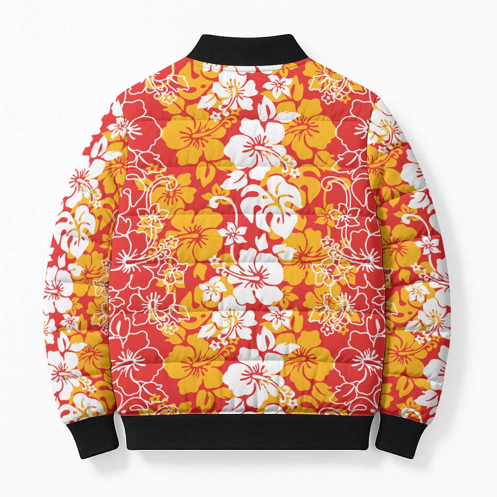 Hawaiian Lei Day Bomber Puffer Jacket Red Hibiscus Flowers Lei Art - Polynesian Pride