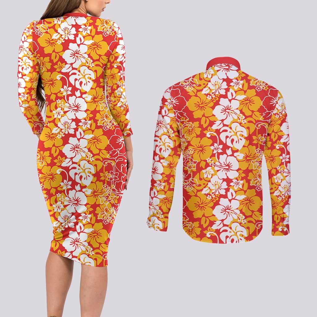 Hawaiian Lei Day Couples Matching Long Sleeve Bodycon Dress and Long Sleeve Button Shirt Red Hibiscus Flowers Lei Art LT9 - Polynesian Pride