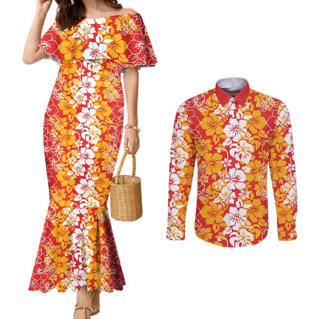 Hawaiian Lei Day Couples Matching Mermaid Dress and Long Sleeve Button Shirt Red Hibiscus Flowers Lei Art LT9 Red - Polynesian Pride