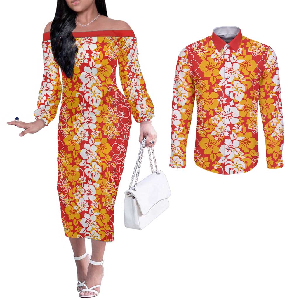 Hawaiian Lei Day Couples Matching Off The Shoulder Long Sleeve Dress and Long Sleeve Button Shirt Red Hibiscus Flowers Lei Art