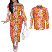 Hawaiian Lei Day Couples Matching Off The Shoulder Long Sleeve Dress and Long Sleeve Button Shirt Red Hibiscus Flowers Lei Art