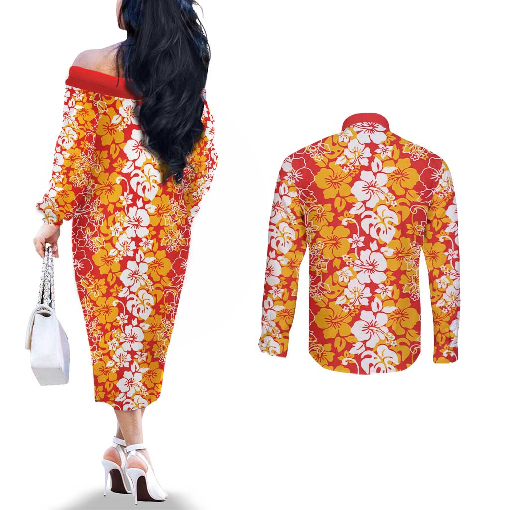 Hawaiian Lei Day Couples Matching Off The Shoulder Long Sleeve Dress and Long Sleeve Button Shirt Red Hibiscus Flowers Lei Art