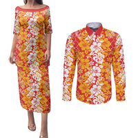 Hawaiian Lei Day Couples Matching Puletasi and Long Sleeve Button Shirt Red Hibiscus Flowers Lei Art LT9 Red - Polynesian Pride