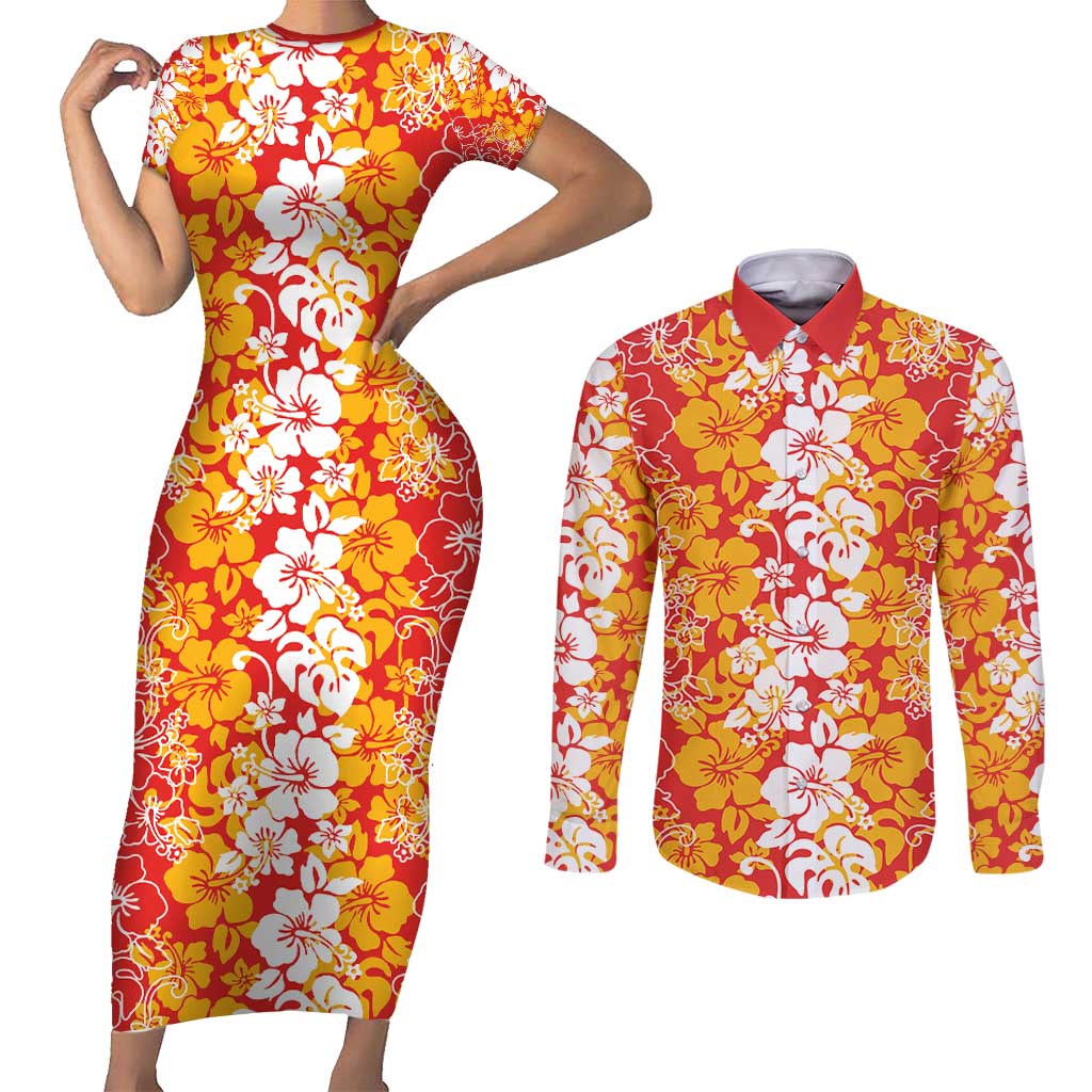 Hawaiian Lei Day Couples Matching Short Sleeve Bodycon Dress and Long Sleeve Button Shirt Red Hibiscus Flowers Lei Art LT9 Red - Polynesian Pride