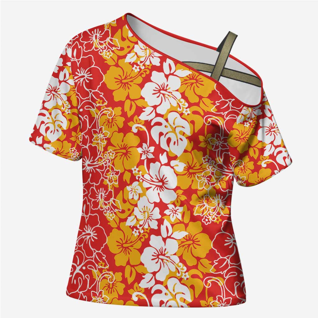 Hawaiian Lei Day Cross Shoulder Shirt Red Hibiscus Flowers Lei Art LT9 Female Red - Polynesian Pride