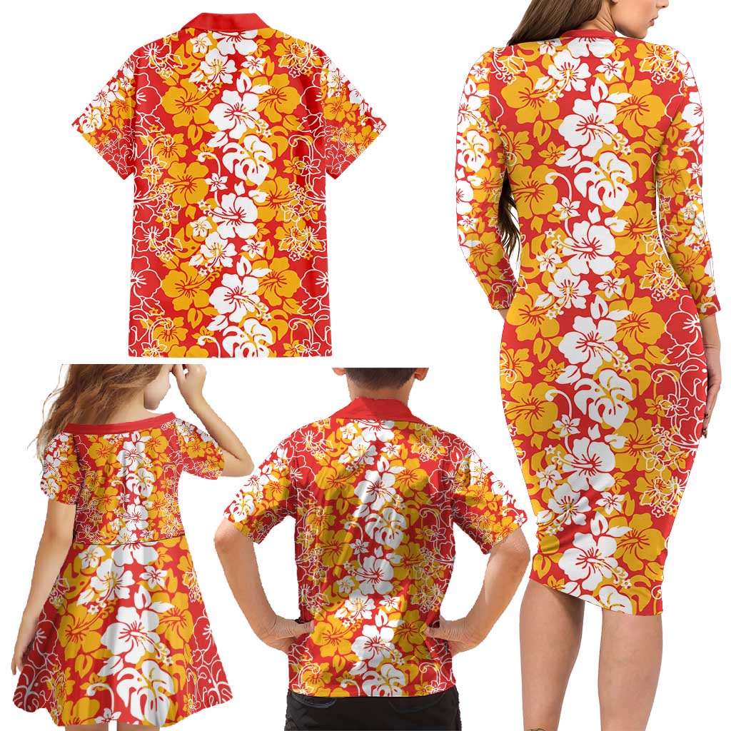 Hawaiian Lei Day Family Matching Long Sleeve Bodycon Dress and Hawaiian Shirt Red Hibiscus Flowers Lei Art LT9 - Polynesian Pride