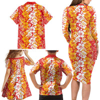 Hawaiian Lei Day Family Matching Long Sleeve Bodycon Dress and Hawaiian Shirt Red Hibiscus Flowers Lei Art LT9 - Polynesian Pride