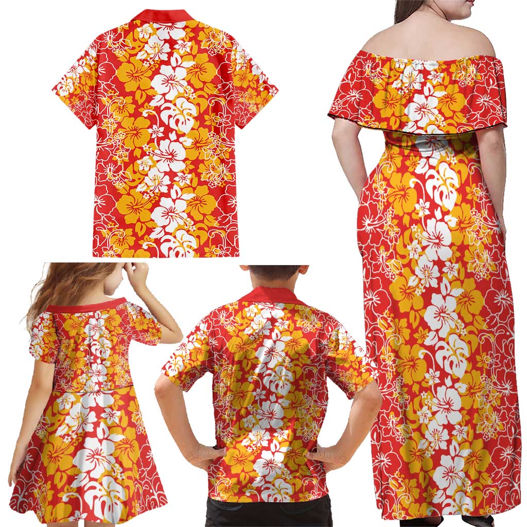 Hawaiian Lei Day Family Matching Off Shoulder Maxi Dress and Hawaiian Shirt Red Hibiscus Flowers Lei Art