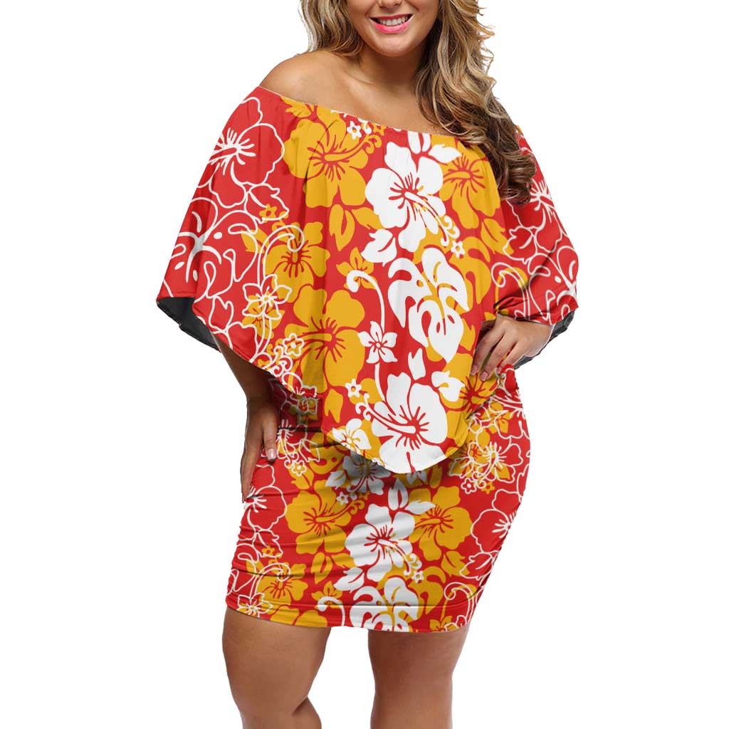 Hawaiian Lei Day Family Matching Off Shoulder Short Dress and Hawaiian Shirt Red Hibiscus Flowers Lei Art LT9 Mom's Dress Red - Polynesian Pride