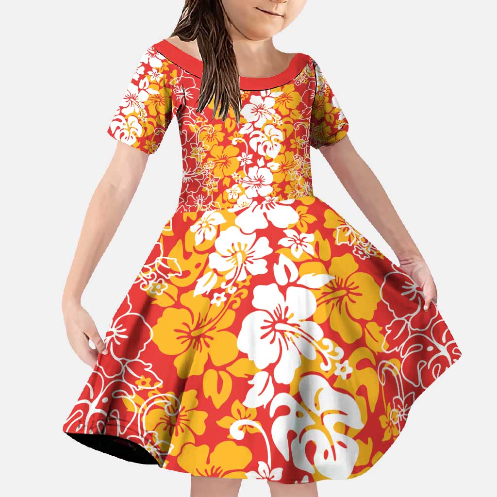 Hawaiian Lei Day Family Matching Summer Maxi Dress and Hawaiian Shirt Red Hibiscus Flowers Lei Art LT9 Daughter's Dress Red - Polynesian Pride