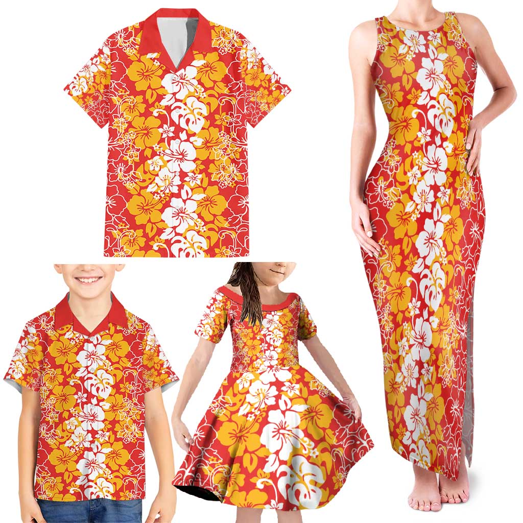 Hawaiian Lei Day Family Matching Tank Maxi Dress and Hawaiian Shirt Red Hibiscus Flowers Lei Art LT9 - Polynesian Pride