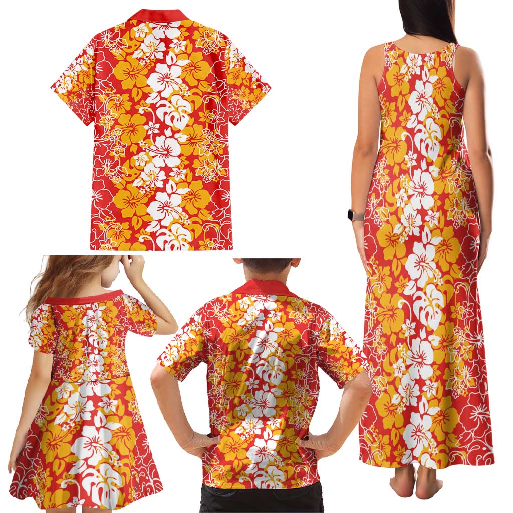 Hawaiian Lei Day Family Matching Tank Maxi Dress and Hawaiian Shirt Red Hibiscus Flowers Lei Art LT9 - Polynesian Pride