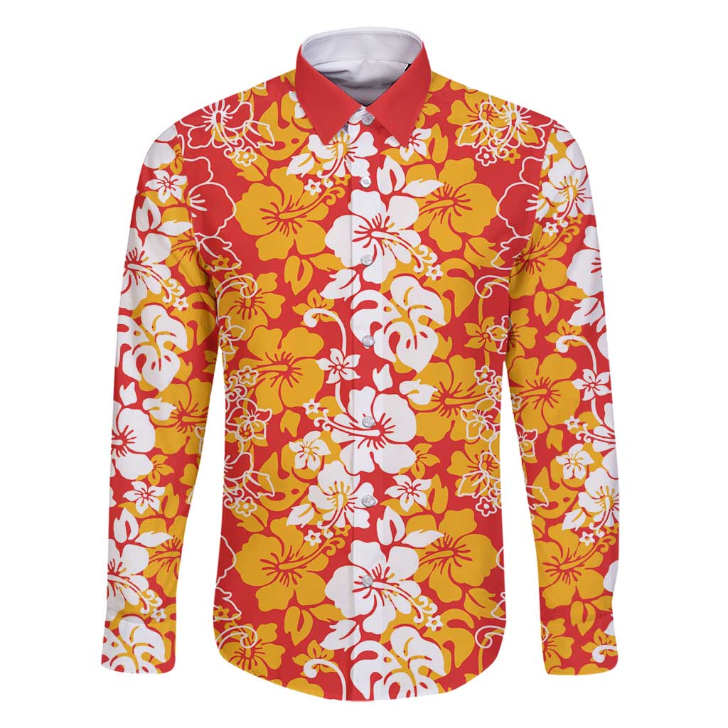 Hawaiian Lei Day Family Matching Tank Maxi Dress and Hawaiian Shirt Red Hibiscus Flowers Lei Art LT9 Dad's Shirt - Long Sleeve Red - Polynesian Pride