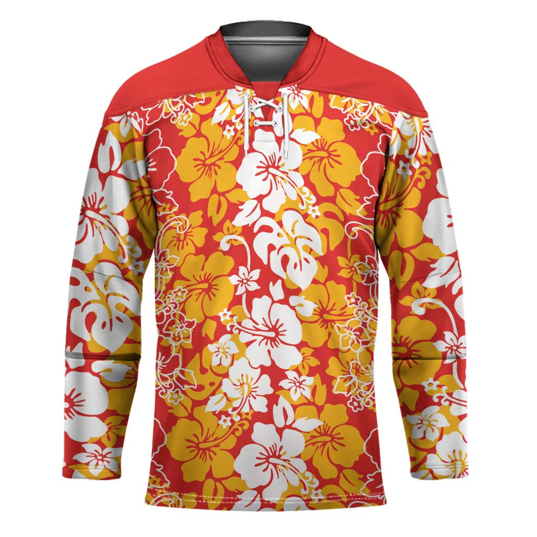 Hawaiian Lei Day Hockey Jersey Red Hibiscus Flowers Lei Art LT9 Unisex Red - Polynesian Pride