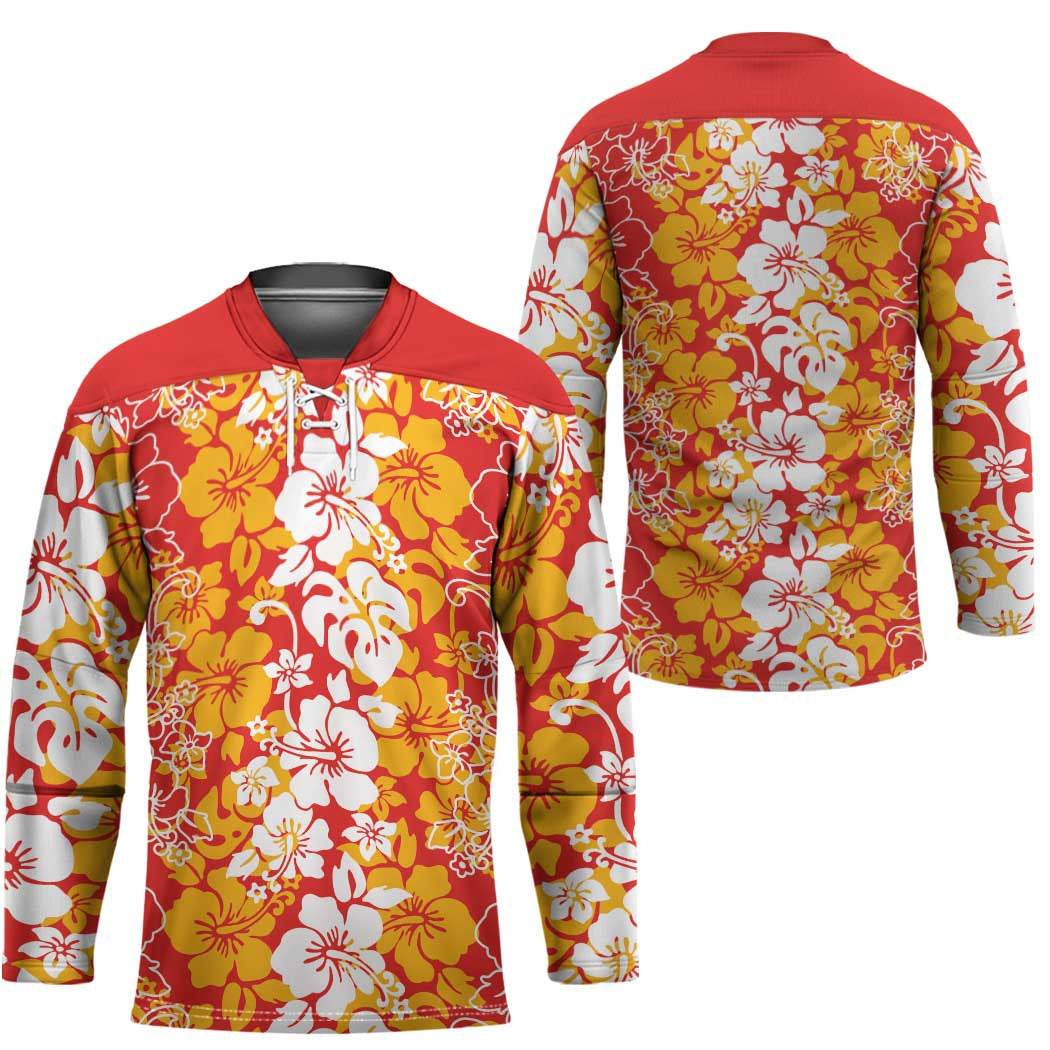 Hawaiian Lei Day Hockey Jersey Red Hibiscus Flowers Lei Art - Polynesian Pride