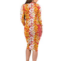 Hawaiian Lei Day Long Sleeve Bodycon Dress Red Hibiscus Flowers Lei Art LT9 - Polynesian Pride