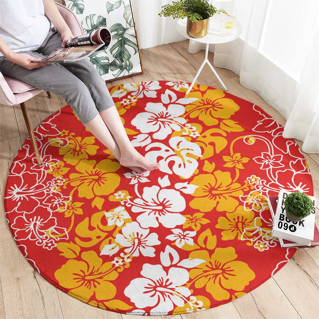Hawaiian Lei Day Round Carpet Red Hibiscus Flowers Lei Art LT9 - Polynesian Pride