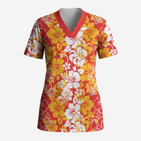 Hawaiian Lei Day Scrub Top Red Hibiscus Flowers Lei Art - Polynesian Pride