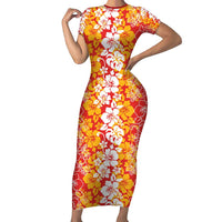 Hawaiian Lei Day Short Sleeve Bodycon Dress Red Hibiscus Flowers Lei Art LT9 Long Dress Red - Polynesian Pride