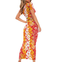 Hawaiian Lei Day Short Sleeve Bodycon Dress Red Hibiscus Flowers Lei Art LT9 - Polynesian Pride