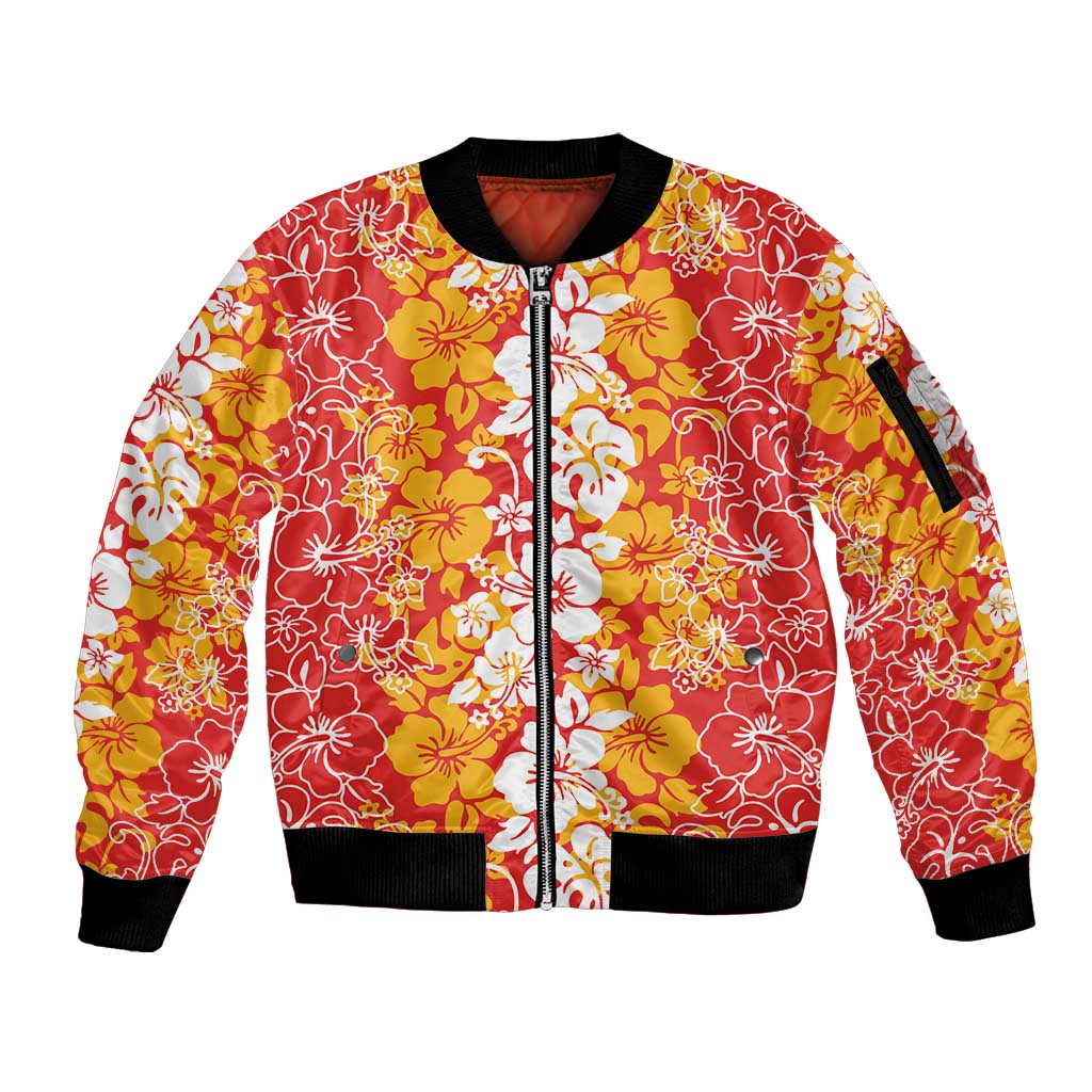 Hawaiian Lei Day Sleeve Zip Bomber Jacket Red Hibiscus Flowers Lei Art