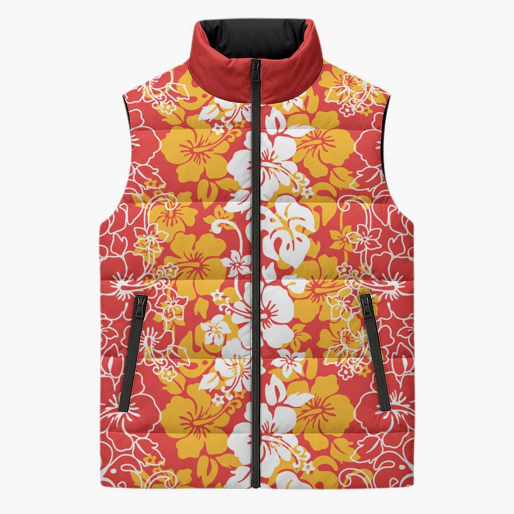 Hawaiian Lei Day Sleeveless Puffer Jacket Red Hibiscus Flowers Lei Art LT9 Unisex Red - Polynesian Pride