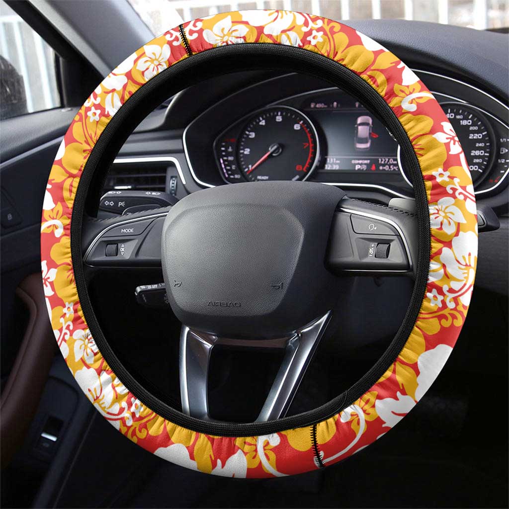 Hawaiian Lei Day Steering Wheel Cover Red Hibiscus Flowers Lei Art